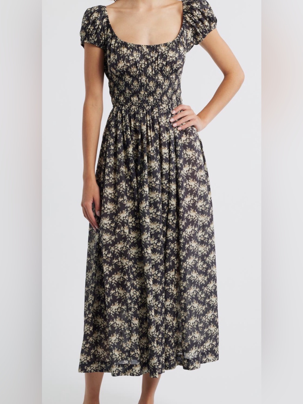 Den Quinley Midi Dress Noir Rosier Floral Black Smocked Organic Cotton Xl Nwt